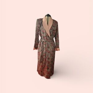 Vintage Silk Floral Long Robe with Blush Collar